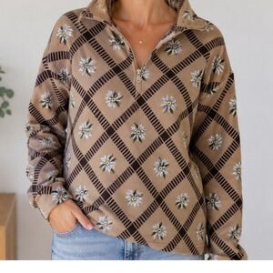 Conte of Florence Womens Tan Floral Grid Fleece Quarter Zip Pullover Top Medium
